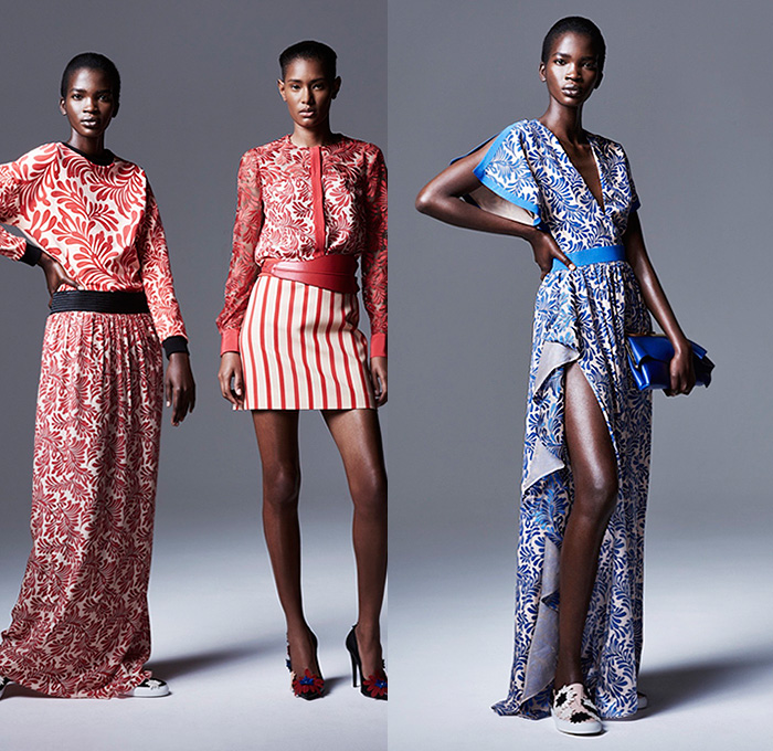 Emanuel Ungaro 2016 Resort Cruise Pre-Spring Womens Lookbook Presentation - Flowers Floral Leaves Foliage Botanical Motif Embroidery 3D Embellishments Adornments Outerwear Bomber Jacket Blazer Pants Trousers Pleats Leather Miniskirt Frock Maxi Dress Wide Belt Mesh Perforated Lasercut Ruffles Multi-Panel Noodle Spaghetti Strap One Off Shoulder Knit Sweater Jumper Stripes Blouse Scarf Handkerchief Hem Pantsuit