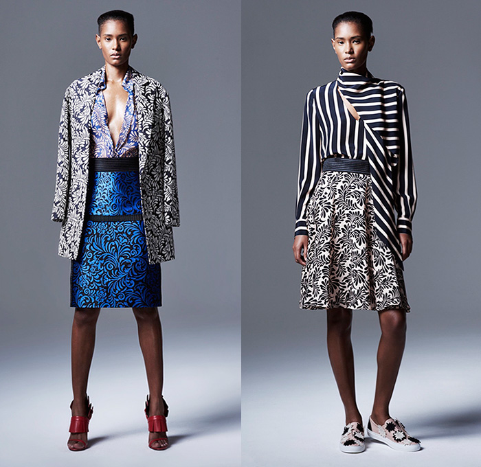 Emanuel Ungaro 2016 Resort Cruise Pre-Spring Womens Lookbook Presentation - Flowers Floral Leaves Foliage Botanical Motif Embroidery 3D Embellishments Adornments Outerwear Bomber Jacket Blazer Pants Trousers Pleats Leather Miniskirt Frock Maxi Dress Wide Belt Mesh Perforated Lasercut Ruffles Multi-Panel Noodle Spaghetti Strap One Off Shoulder Knit Sweater Jumper Stripes Blouse Scarf Handkerchief Hem Pantsuit