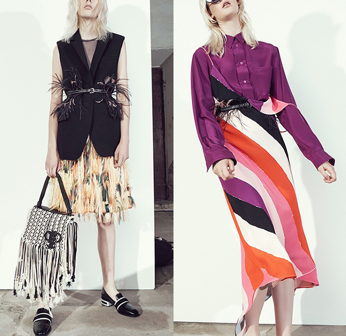 Emilio Pucci 2016 Resort Cruise Pre-Spring Womens Lookbook Presentation - Denim Jeans Deconstructed Elongated Sleeves Feathers Ornamental Print Decorative Art Blouse Thin Belt Sheer Chiffon Mesh Lace Lasercut 3D Cutout Fringes Vest Waistcoat Asymmetrical Skirt Frock Stripes Weave Drawing Sketch Check Plaid Wide Leg Trousers Palazzo Pants Shirtdress Outerwear Coat Leather Flowers Florals Thorns