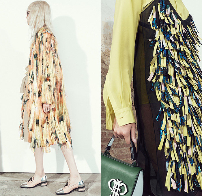 Emilio Pucci 2016 Resort Cruise Pre-Spring Womens Lookbook Presentation - Denim Jeans Deconstructed Elongated Sleeves Feathers Ornamental Print Decorative Art Blouse Thin Belt Sheer Chiffon Mesh Lace Lasercut 3D Cutout Fringes Vest Waistcoat Asymmetrical Skirt Frock Stripes Weave Drawing Sketch Check Plaid Wide Leg Trousers Palazzo Pants Shirtdress Outerwear Coat Leather Flowers Florals Thorns