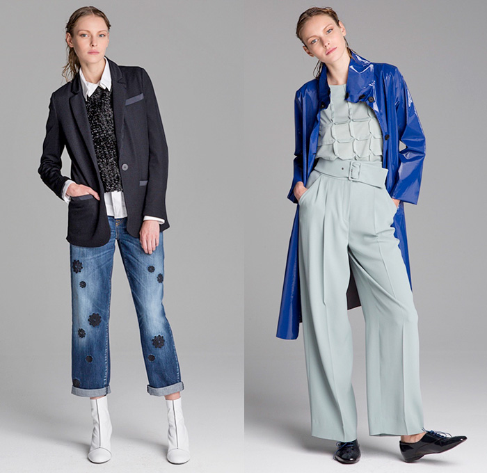 Emporio Armani 2016 Resort Cruise Pre-Spring Womens Lookbook Presentation - Denim Jeans Outerwear Coat Raincoat Blazer Shirtdress Popover Bomber Jacket Pants Trousers Wide Belt Blouse Frock Miniskirt Flowers Florals Botanical Print Pattern Motif Tunic Dress