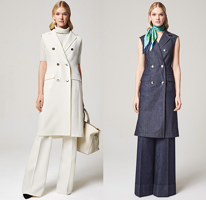 Escada 2016 Resort Cruise Pre-Spring Womens Lookbook Presentation - Denim Jeans Blouse Scarf Wide Leg Trousers Palazzo Pants Outerwear Coat Blazer Knit Weave Fringes Ornamental Print Decorative Art Silk Wrap Waistcoat Angular Hem Flowers Florals Roses Ruffles Lace Dress Gown Embroidery Embellishments