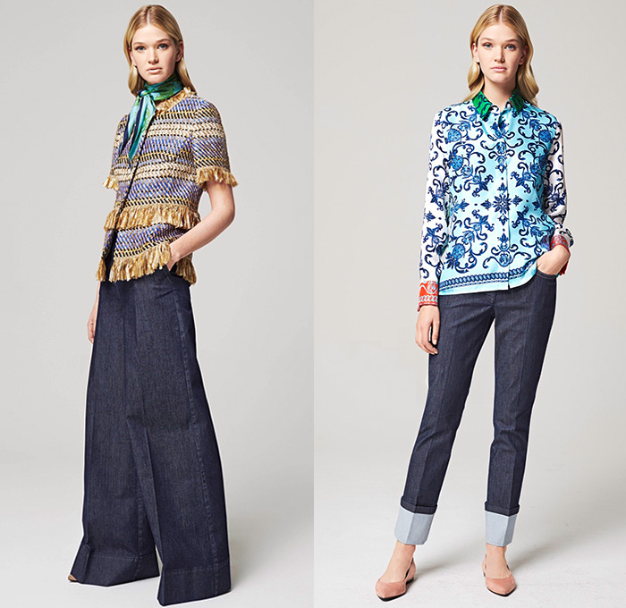 Escada 2016 Resort Cruise Pre-Spring Womens Lookbook Presentation - Denim Jeans Blouse Scarf Wide Leg Trousers Palazzo Pants Outerwear Coat Blazer Knit Weave Fringes Ornamental Print Decorative Art Silk Wrap Waistcoat Angular Hem Flowers Florals Roses Ruffles Lace Dress Gown Embroidery Embellishments