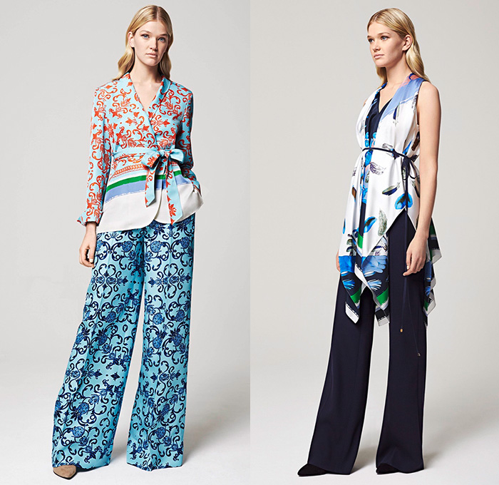 Escada 2016 Resort Cruise Pre-Spring Womens Lookbook Presentation - Denim Jeans Blouse Scarf Wide Leg Trousers Palazzo Pants Outerwear Coat Blazer Knit Weave Fringes Ornamental Print Decorative Art Silk Wrap Waistcoat Angular Hem Flowers Florals Roses Ruffles Lace Dress Gown Embroidery Embellishments