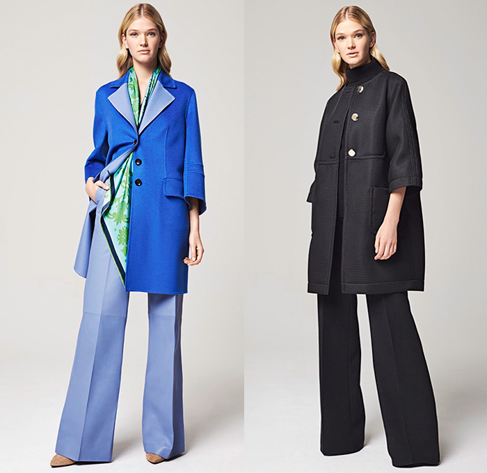 Escada 2016 Resort Cruise Pre-Spring Womens Lookbook Presentation - Denim Jeans Blouse Scarf Wide Leg Trousers Palazzo Pants Outerwear Coat Blazer Knit Weave Fringes Ornamental Print Decorative Art Silk Wrap Waistcoat Angular Hem Flowers Florals Roses Ruffles Lace Dress Gown Embroidery Embellishments