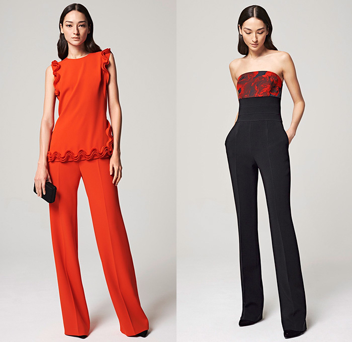 Escada 2016 Resort Cruise Pre-Spring Womens Lookbook Presentation - Denim Jeans Blouse Scarf Wide Leg Trousers Palazzo Pants Outerwear Coat Blazer Knit Weave Fringes Ornamental Print Decorative Art Silk Wrap Waistcoat Angular Hem Flowers Florals Roses Ruffles Lace Dress Gown Embroidery Embellishments