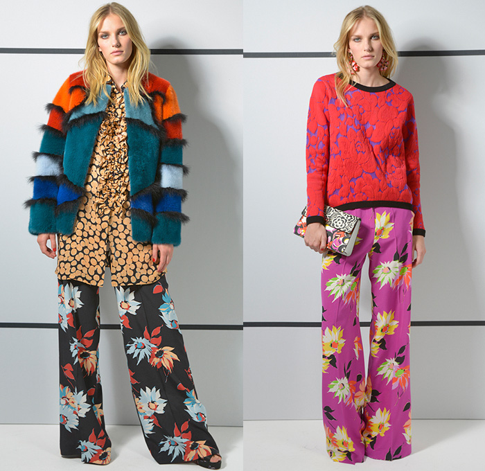 Etro 2016 Resort Cruise Pre-Spring Womens Sneak Peek Lookbook Presentation - Paisley Intarsia Crêpe De Chine Silk Viscose Ruffles Marabou Feathers Furry Outerwear Jacket Blouse Flowers Florals Botanical Prints Graphic Pattern Motif Wide Leg Trousers Palazzo Pants Knit Sweater Ornamental Print Decorative Art Skirt Frock Boots Bohemian Boho Chic