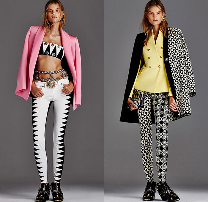 Fausto Puglisi 2016 Resort Cruise Pre-Spring Womens Lookbook Presentation - Denim Jeans High Streetwear Greco-Roman Grecian Metallic Sunburst Print Motif Embroidery 3D Adornments Crop Top Midriff Bandeau Jacket Blazer Necklace Zipper Boots Cargo Pockets Jagged Kaleidoscope Geometric Blouse Skirt Accordion Pleats Sheer Chiffon Lace Bomber Jacket Stripes Maxi Dress Moto Biker Vest Captain America Avenger