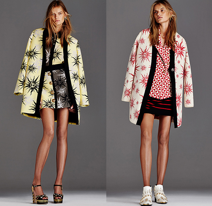 Fausto Puglisi 2016 Resort Cruise Pre-Spring Womens Lookbook Presentation - Denim Jeans High Streetwear Greco-Roman Grecian Metallic Sunburst Print Motif Embroidery 3D Adornments Crop Top Midriff Bandeau Jacket Blazer Necklace Zipper Boots Cargo Pockets Jagged Kaleidoscope Geometric Blouse Skirt Accordion Pleats Sheer Chiffon Lace Bomber Jacket Stripes Maxi Dress Moto Biker Vest Captain America Avenger