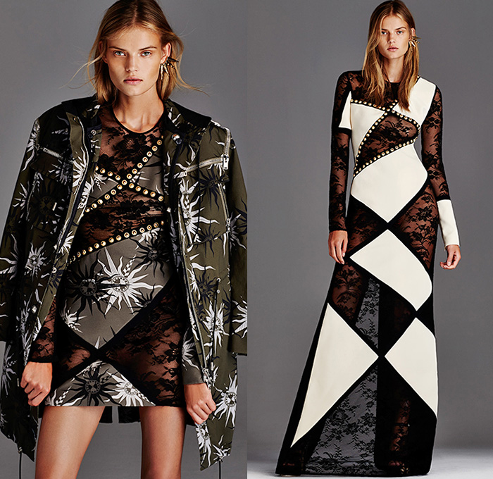 Fausto Puglisi 2016 Resort Cruise Pre-Spring Womens Lookbook Presentation - Denim Jeans High Streetwear Greco-Roman Grecian Metallic Sunburst Print Motif Embroidery 3D Adornments Crop Top Midriff Bandeau Jacket Blazer Necklace Zipper Boots Cargo Pockets Jagged Kaleidoscope Geometric Blouse Skirt Accordion Pleats Sheer Chiffon Lace Bomber Jacket Stripes Maxi Dress Moto Biker Vest Captain America Avenger