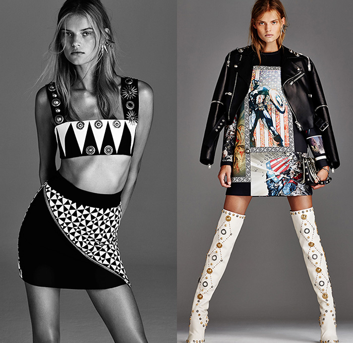 Fausto Puglisi 2016 Resort Cruise Pre-Spring Womens Lookbook Presentation - Denim Jeans High Streetwear Greco-Roman Grecian Metallic Sunburst Print Motif Embroidery 3D Adornments Crop Top Midriff Bandeau Jacket Blazer Necklace Zipper Boots Cargo Pockets Jagged Kaleidoscope Geometric Blouse Skirt Accordion Pleats Sheer Chiffon Lace Bomber Jacket Stripes Maxi Dress Moto Biker Vest Captain America Avenger