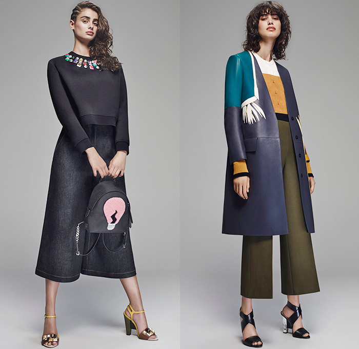 Fendi 2016 Resort Cruise Pre-Spring Womens Lookbook Presentation Designer Karl Lagerfeld - Bird of Paradise Flowers Florals Botanical Print Motif Denim Jeans Skirt Frock Outerwear Coat Jacket Parka Peacoat Sash Waist Shirtdress Tweed Wide Leg Trousers Palazzo Pants Knit Sweater Embellishments Bedazzled Leather Quilted Furry Cutout Hem Stripes Shorts Maxi Dress Mesh Laser Cut Hanging Sleeve Pajamas Loungewear Waistcoat