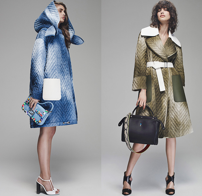 Fendi 2016 Resort Cruise Pre-Spring Womens Lookbook Presentation Designer Karl Lagerfeld - Bird of Paradise Flowers Florals Botanical Print Motif Denim Jeans Skirt Frock Outerwear Coat Jacket Parka Peacoat Sash Waist Shirtdress Tweed Wide Leg Trousers Palazzo Pants Knit Sweater Embellishments Bedazzled Leather Quilted Furry Cutout Hem Stripes Shorts Maxi Dress Mesh Laser Cut Hanging Sleeve Pajamas Loungewear Waistcoat