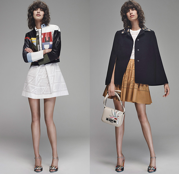 Fendi 2016 Resort Cruise Pre-Spring Womens Lookbook Presentation Designer Karl Lagerfeld - Bird of Paradise Flowers Florals Botanical Print Motif Denim Jeans Skirt Frock Outerwear Coat Jacket Parka Peacoat Sash Waist Shirtdress Tweed Wide Leg Trousers Palazzo Pants Knit Sweater Embellishments Bedazzled Leather Quilted Furry Cutout Hem Stripes Shorts Maxi Dress Mesh Laser Cut Hanging Sleeve Pajamas Loungewear Waistcoat