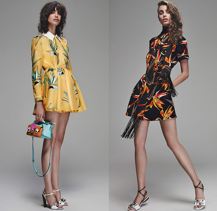 Fendi 2016 Resort Cruise Pre-Spring Womens Lookbook Presentation Designer Karl Lagerfeld - Bird of Paradise Flowers Florals Botanical Print Motif Denim Jeans Skirt Frock Outerwear Coat Jacket Parka Peacoat Sash Waist Shirtdress Tweed Wide Leg Trousers Palazzo Pants Knit Sweater Embellishments Bedazzled Leather Quilted Furry Cutout Hem Stripes Shorts Maxi Dress Mesh Laser Cut Hanging Sleeve Pajamas Loungewear Waistcoat