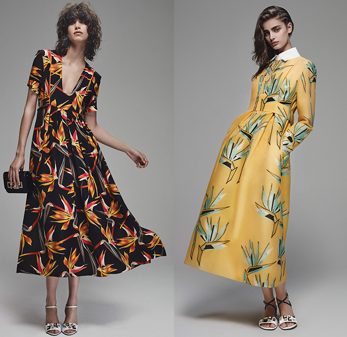 Fendi 2016 Resort Cruise Pre-Spring Womens Lookbook Presentation Designer Karl Lagerfeld - Bird of Paradise Flowers Florals Botanical Print Motif Denim Jeans Skirt Frock Outerwear Coat Jacket Parka Peacoat Sash Waist Shirtdress Tweed Wide Leg Trousers Palazzo Pants Knit Sweater Embellishments Bedazzled Leather Quilted Furry Cutout Hem Stripes Shorts Maxi Dress Mesh Laser Cut Hanging Sleeve Pajamas Loungewear Waistcoat