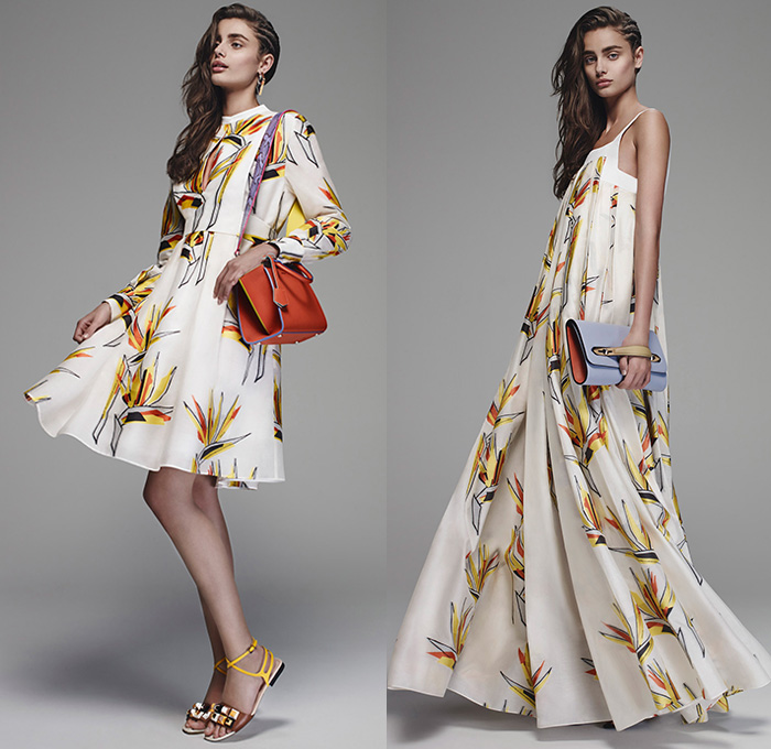 Fendi 2016 Resort Cruise Pre-Spring Womens Lookbook Presentation Designer Karl Lagerfeld - Bird of Paradise Flowers Florals Botanical Print Motif Denim Jeans Skirt Frock Outerwear Coat Jacket Parka Peacoat Sash Waist Shirtdress Tweed Wide Leg Trousers Palazzo Pants Knit Sweater Embellishments Bedazzled Leather Quilted Furry Cutout Hem Stripes Shorts Maxi Dress Mesh Laser Cut Hanging Sleeve Pajamas Loungewear Waistcoat