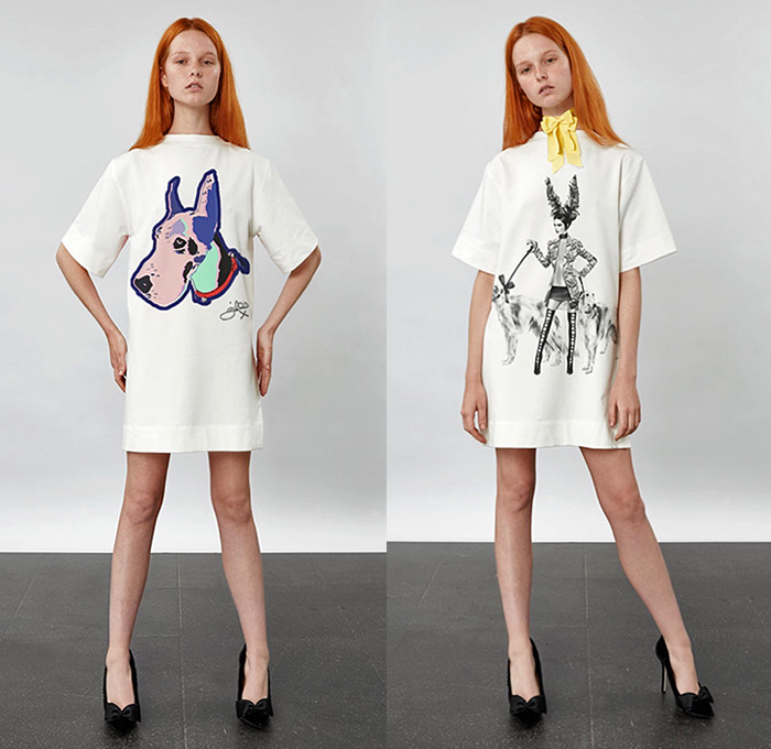 Giles Deacon 2016 Resort Cruise Pre-Spring Womens Lookbook Presentation - Trapeze A-Line Shift Dress Borzoi Dogs Shirtdress Drawings Illustration Flowers Florals Botanical Print Motif Peel Away Fold Over Pants Trousers Blouse Long Sleeve Miniskirt Skirt Frock Tuxedo Jacket Pussycat Bow Tie Bell Sleeves Jagged Asymmetrical Stripes Dovetail Mullet Hem