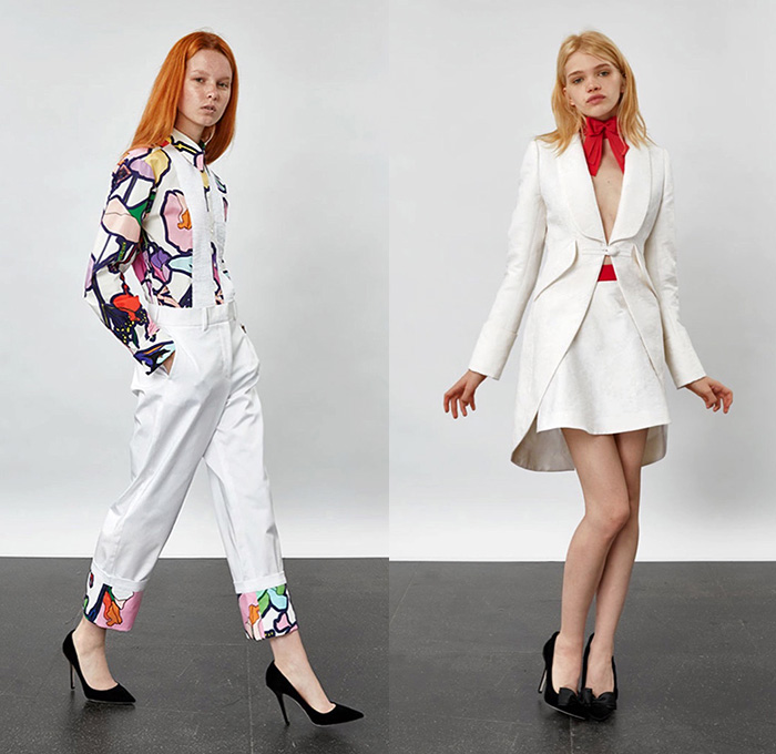 Giles Deacon 2016 Resort Cruise Pre-Spring Womens Lookbook Presentation - Trapeze A-Line Shift Dress Borzoi Dogs Shirtdress Drawings Illustration Flowers Florals Botanical Print Motif Peel Away Fold Over Pants Trousers Blouse Long Sleeve Miniskirt Skirt Frock Tuxedo Jacket Pussycat Bow Tie Bell Sleeves Jagged Asymmetrical Stripes Dovetail Mullet Hem