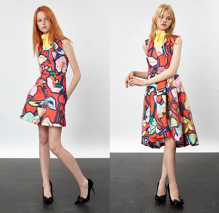 Giles Deacon 2016 Resort Cruise Pre-Spring Womens Lookbook Presentation - Trapeze A-Line Shift Dress Borzoi Dogs Shirtdress Drawings Illustration Flowers Florals Botanical Print Motif Peel Away Fold Over Pants Trousers Blouse Long Sleeve Miniskirt Skirt Frock Tuxedo Jacket Pussycat Bow Tie Bell Sleeves Jagged Asymmetrical Stripes Dovetail Mullet Hem