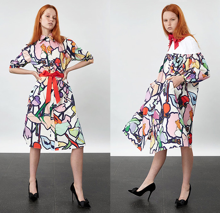 Giles Deacon 2016 Resort Cruise Pre-Spring Womens Lookbook Presentation - Trapeze A-Line Shift Dress Borzoi Dogs Shirtdress Drawings Illustration Flowers Florals Botanical Print Motif Peel Away Fold Over Pants Trousers Blouse Long Sleeve Miniskirt Skirt Frock Tuxedo Jacket Pussycat Bow Tie Bell Sleeves Jagged Asymmetrical Stripes Dovetail Mullet Hem