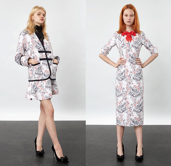 Giles Deacon 2016 Resort Cruise Pre-Spring Womens Lookbook Presentation - Trapeze A-Line Shift Dress Borzoi Dogs Shirtdress Drawings Illustration Flowers Florals Botanical Print Motif Peel Away Fold Over Pants Trousers Blouse Long Sleeve Miniskirt Skirt Frock Tuxedo Jacket Pussycat Bow Tie Bell Sleeves Jagged Asymmetrical Stripes Dovetail Mullet Hem