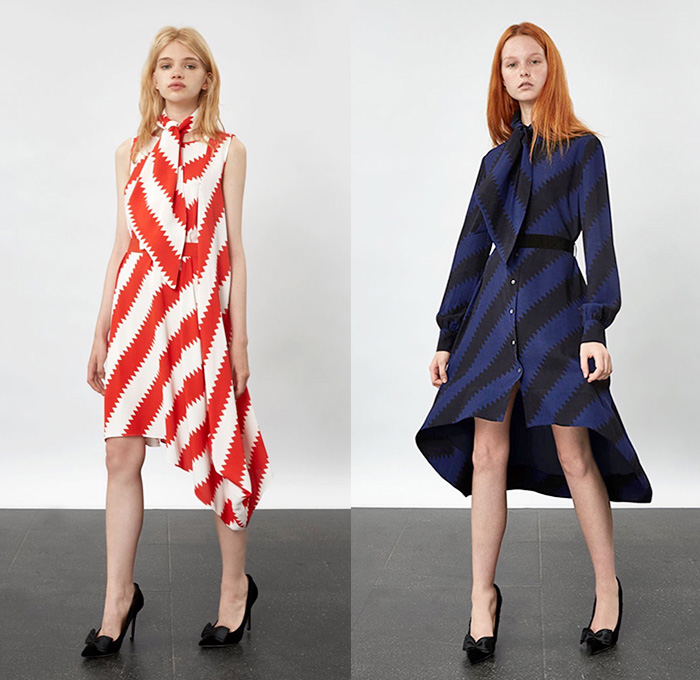 Giles Deacon 2016 Resort Cruise Pre-Spring Womens Lookbook Presentation - Trapeze A-Line Shift Dress Borzoi Dogs Shirtdress Drawings Illustration Flowers Florals Botanical Print Motif Peel Away Fold Over Pants Trousers Blouse Long Sleeve Miniskirt Skirt Frock Tuxedo Jacket Pussycat Bow Tie Bell Sleeves Jagged Asymmetrical Stripes Dovetail Mullet Hem