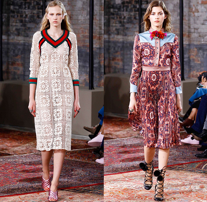 Gucci 2016 Resort Cruise Pre-Spring Womens Runway Catwalk Looks Collection New York - 1970s Seventies Hippie Bohemian Boho Chic Sheer Chiffon Lace Maxi Dress Goddess Georgette Gown Pussycat Bow Embroidery Bedazzled Flowers Florals Skirt Frock Knit Sweater Accordion Pleats Outerwear Coat Coatdress Blazer Pantsuit Bomber Jacket Ruffles Silk Zigzag Stripes Crochet V-Neck Quilted Snake Birds Stars Tiger Dragonflies