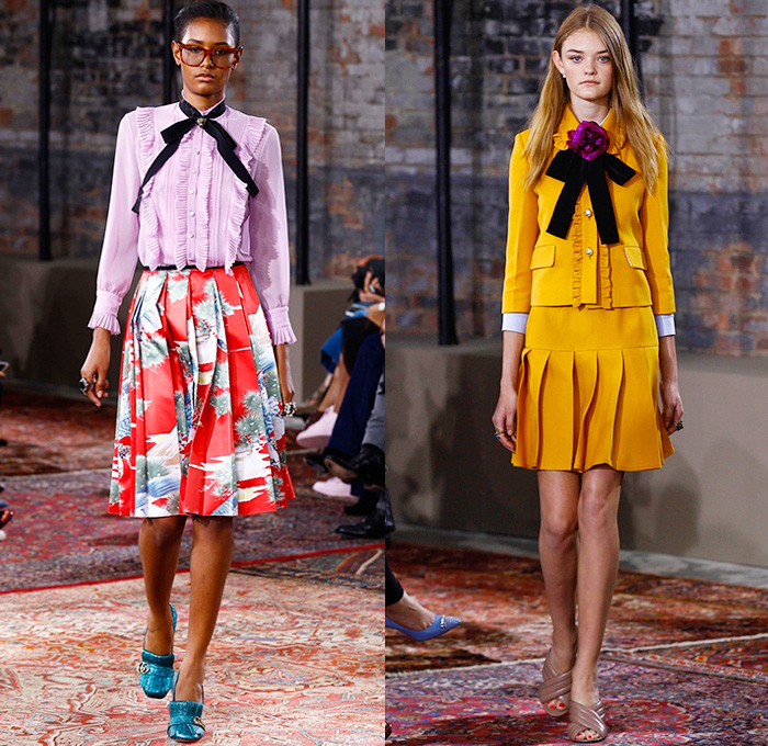 Gucci 2016 Resort Cruise Pre-Spring Womens Runway Catwalk Looks Collection New York - 1970s Seventies Hippie Bohemian Boho Chic Sheer Chiffon Lace Maxi Dress Goddess Georgette Gown Pussycat Bow Embroidery Bedazzled Flowers Florals Skirt Frock Knit Sweater Accordion Pleats Outerwear Coat Coatdress Blazer Pantsuit Bomber Jacket Ruffles Silk Zigzag Stripes Crochet V-Neck Quilted Snake Birds Stars Tiger Dragonflies