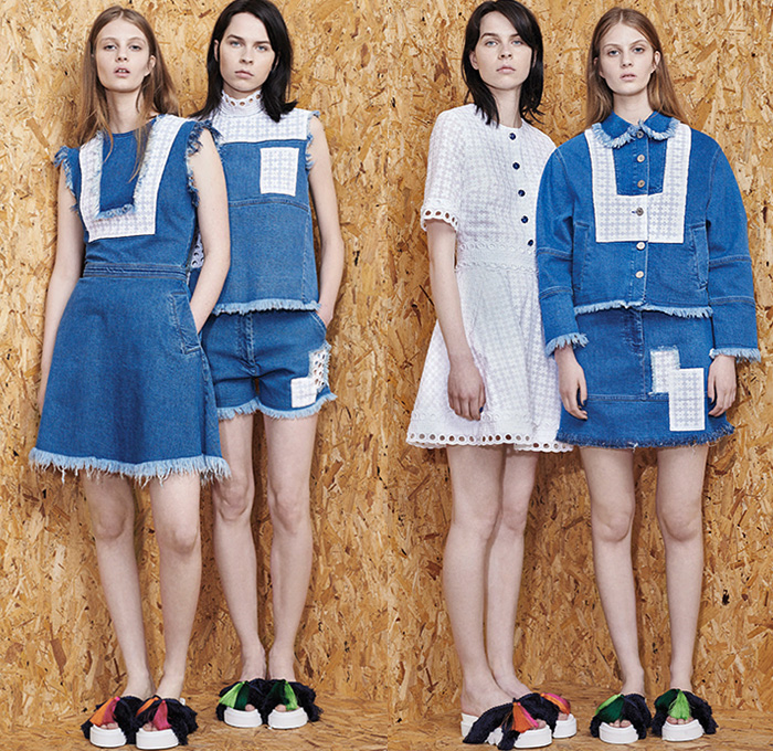 House of Holland 2016 Resort Cruise Pre-Spring Womens Lookbook Presentation - Denim Jeans Peruvian Skater Raw Hem Fringes Patchwork Dress Mesh Lace Blouse Midi Skirt Wide Leg Trousers Palazzo Pants Culottes Gauchos Outerwear Coat Jacket Trompe L'oeil Embossed Engraved Crop Top Midriff Bandeau Polka Dots Knit Sweater Dress Shirtdress Coatdress Curved Hem Geometric Stripes Halter Top Backpack Bag Baby Llama No Drama