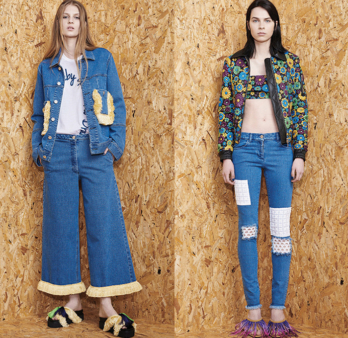 House of Holland 2016 Resort Cruise Pre-Spring Womens Lookbook Presentation - Denim Jeans Peruvian Skater Raw Hem Fringes Patchwork Dress Mesh Lace Blouse Midi Skirt Wide Leg Trousers Palazzo Pants Culottes Gauchos Outerwear Coat Jacket Trompe L'oeil Embossed Engraved Crop Top Midriff Bandeau Polka Dots Knit Sweater Dress Shirtdress Coatdress Curved Hem Geometric Stripes Halter Top Backpack Bag Baby Llama No Drama