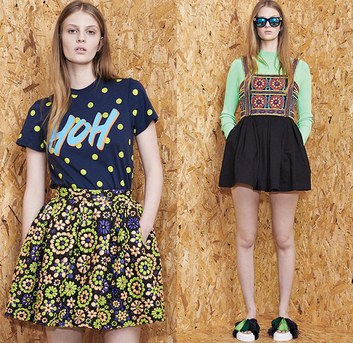 House of Holland 2016 Resort Cruise Pre-Spring Womens Lookbook Presentation - Denim Jeans Peruvian Skater Raw Hem Fringes Patchwork Dress Mesh Lace Blouse Midi Skirt Wide Leg Trousers Palazzo Pants Culottes Gauchos Outerwear Coat Jacket Trompe L'oeil Embossed Engraved Crop Top Midriff Bandeau Polka Dots Knit Sweater Dress Shirtdress Coatdress Curved Hem Geometric Stripes Halter Top Backpack Bag Baby Llama No Drama