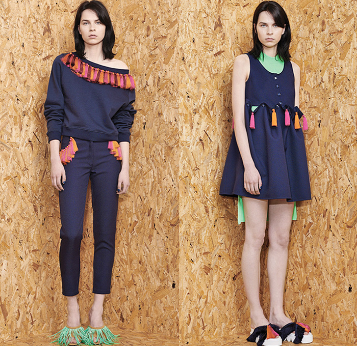 House of Holland 2016 Resort Cruise Pre-Spring Womens Lookbook Presentation - Denim Jeans Peruvian Skater Raw Hem Fringes Patchwork Dress Mesh Lace Blouse Midi Skirt Wide Leg Trousers Palazzo Pants Culottes Gauchos Outerwear Coat Jacket Trompe L'oeil Embossed Engraved Crop Top Midriff Bandeau Polka Dots Knit Sweater Dress Shirtdress Coatdress Curved Hem Geometric Stripes Halter Top Backpack Bag Baby Llama No Drama