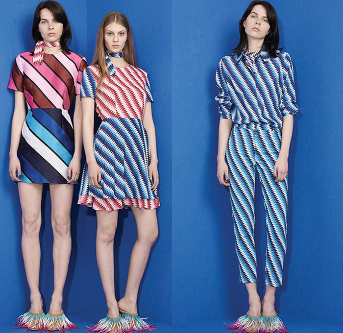 House of Holland 2016 Resort Cruise Pre-Spring Womens Lookbook Presentation - Denim Jeans Peruvian Skater Raw Hem Fringes Patchwork Dress Mesh Lace Blouse Midi Skirt Wide Leg Trousers Palazzo Pants Culottes Gauchos Outerwear Coat Jacket Trompe L'oeil Embossed Engraved Crop Top Midriff Bandeau Polka Dots Knit Sweater Dress Shirtdress Coatdress Curved Hem Geometric Stripes Halter Top Backpack Bag Baby Llama No Drama