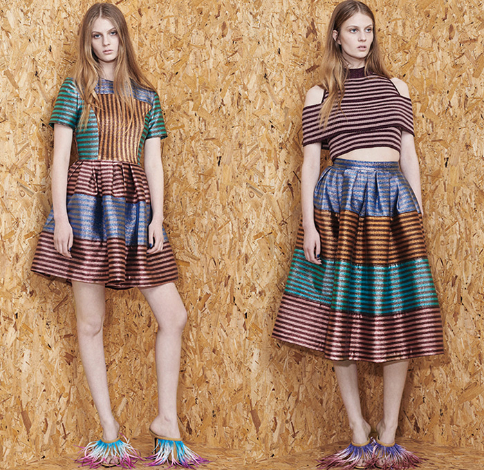 House of Holland 2016 Resort Cruise Pre-Spring Womens Lookbook Presentation - Denim Jeans Peruvian Skater Raw Hem Fringes Patchwork Dress Mesh Lace Blouse Midi Skirt Wide Leg Trousers Palazzo Pants Culottes Gauchos Outerwear Coat Jacket Trompe L'oeil Embossed Engraved Crop Top Midriff Bandeau Polka Dots Knit Sweater Dress Shirtdress Coatdress Curved Hem Geometric Stripes Halter Top Backpack Bag Baby Llama No Drama