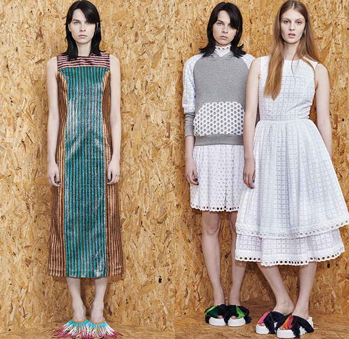 House of Holland 2016 Resort Cruise Pre-Spring Womens Lookbook Presentation - Denim Jeans Peruvian Skater Raw Hem Fringes Patchwork Dress Mesh Lace Blouse Midi Skirt Wide Leg Trousers Palazzo Pants Culottes Gauchos Outerwear Coat Jacket Trompe L'oeil Embossed Engraved Crop Top Midriff Bandeau Polka Dots Knit Sweater Dress Shirtdress Coatdress Curved Hem Geometric Stripes Halter Top Backpack Bag Baby Llama No Drama