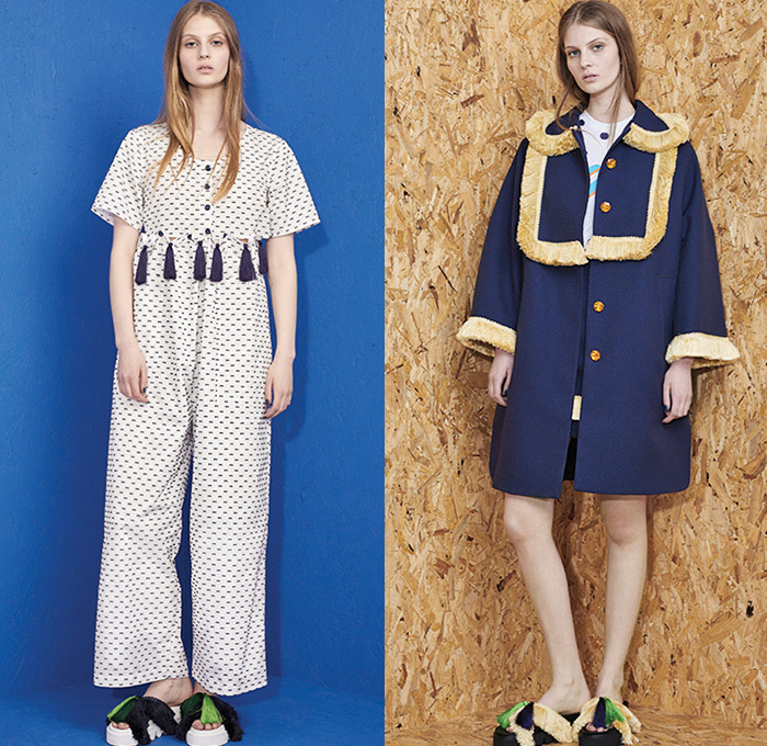 House of Holland 2016 Resort Cruise Pre-Spring Womens Lookbook Presentation - Denim Jeans Peruvian Skater Raw Hem Fringes Patchwork Dress Mesh Lace Blouse Midi Skirt Wide Leg Trousers Palazzo Pants Culottes Gauchos Outerwear Coat Jacket Trompe L'oeil Embossed Engraved Crop Top Midriff Bandeau Polka Dots Knit Sweater Dress Shirtdress Coatdress Curved Hem Geometric Stripes Halter Top Backpack Bag Baby Llama No Drama