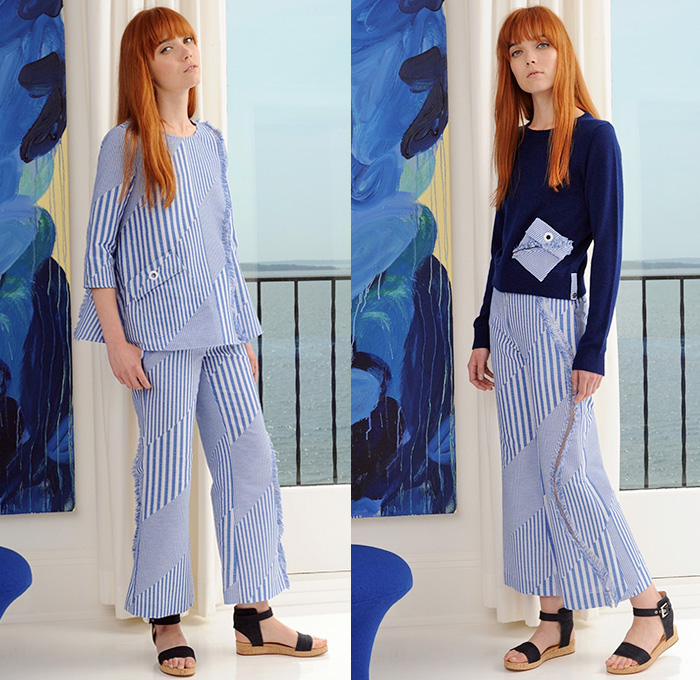 Lisa Perry 2016 Resort Cruise Pre-Spring Womens Lookbook Presentation - Pseudo Denim Look Mod 1960s Sixties Monochromatic Maxi A-Line Shift Dress Stripes Patchwork Cropped Wide Leg Trousers Palazzo Pants Sandals Knit Sweater Jumper Skirt Frock Cargo Pockets Pompoms Colorblock Metallic Geometric Outerwear Coat Turtleneck