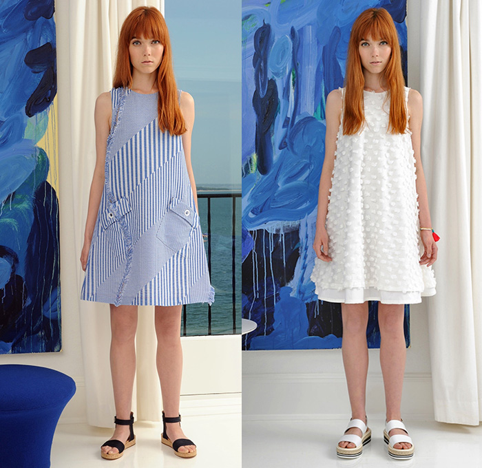 Lisa Perry 2016 Resort Cruise Pre-Spring Womens Lookbook Presentation - Pseudo Denim Look Mod 1960s Sixties Monochromatic Maxi A-Line Shift Dress Stripes Patchwork Cropped Wide Leg Trousers Palazzo Pants Sandals Knit Sweater Jumper Skirt Frock Cargo Pockets Pompoms Colorblock Metallic Geometric Outerwear Coat Turtleneck