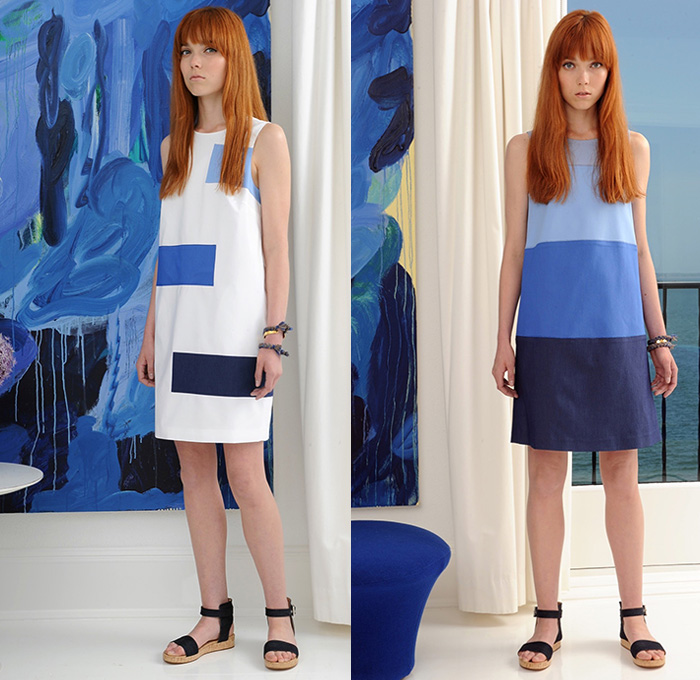 Lisa Perry 2016 Resort Cruise Pre-Spring Womens Lookbook Presentation - Pseudo Denim Look Mod 1960s Sixties Monochromatic Maxi A-Line Shift Dress Stripes Patchwork Cropped Wide Leg Trousers Palazzo Pants Sandals Knit Sweater Jumper Skirt Frock Cargo Pockets Pompoms Colorblock Metallic Geometric Outerwear Coat Turtleneck