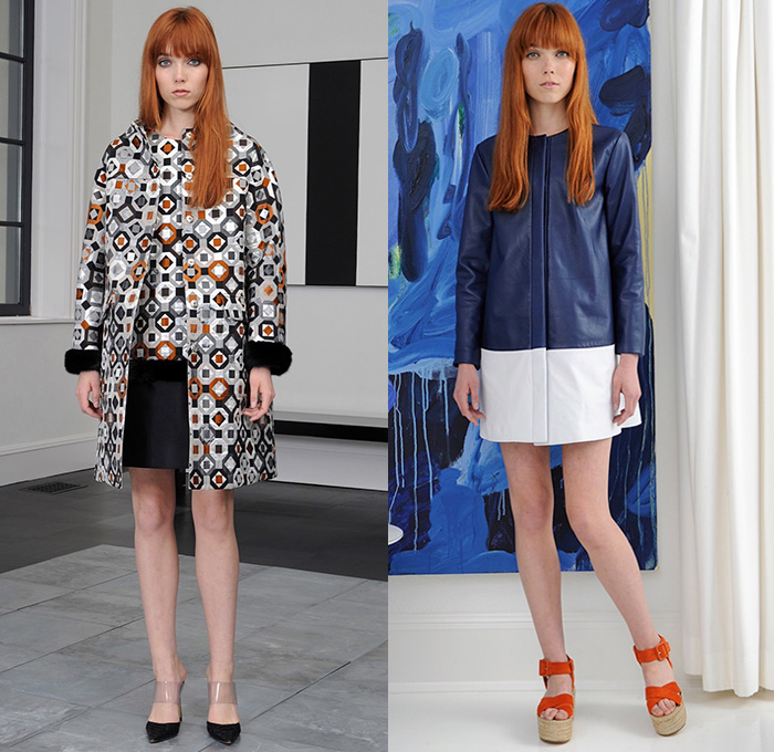 Lisa Perry 2016 Resort Cruise Pre-Spring Womens Lookbook Presentation - Pseudo Denim Look Mod 1960s Sixties Monochromatic Maxi A-Line Shift Dress Stripes Patchwork Cropped Wide Leg Trousers Palazzo Pants Sandals Knit Sweater Jumper Skirt Frock Cargo Pockets Pompoms Colorblock Metallic Geometric Outerwear Coat Turtleneck