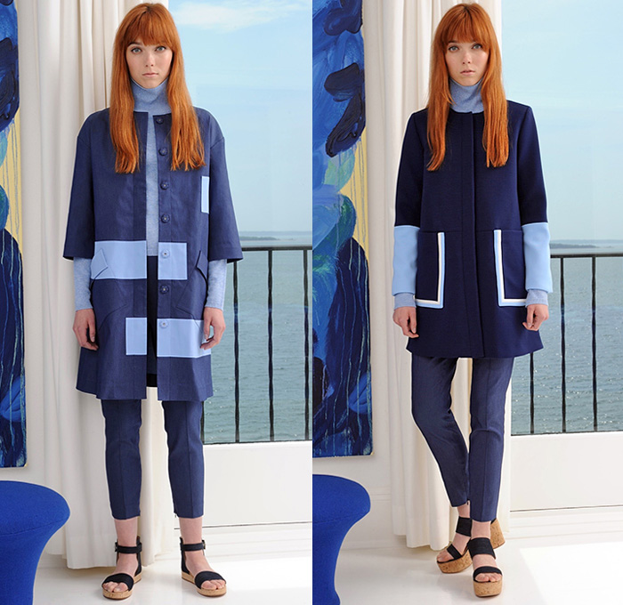 Lisa Perry 2016 Resort Cruise Pre-Spring Womens Lookbook Presentation - Pseudo Denim Look Mod 1960s Sixties Monochromatic Maxi A-Line Shift Dress Stripes Patchwork Cropped Wide Leg Trousers Palazzo Pants Sandals Knit Sweater Jumper Skirt Frock Cargo Pockets Pompoms Colorblock Metallic Geometric Outerwear Coat Turtleneck
