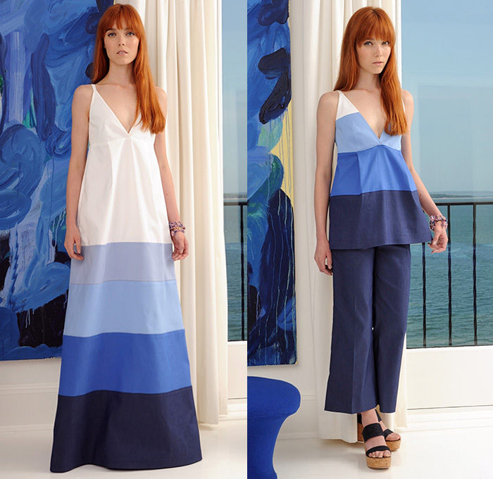 Lisa Perry 2016 Resort Cruise Pre-Spring Womens Lookbook Presentation - Pseudo Denim Look Mod 1960s Sixties Monochromatic Maxi A-Line Shift Dress Stripes Patchwork Cropped Wide Leg Trousers Palazzo Pants Sandals Knit Sweater Jumper Skirt Frock Cargo Pockets Pompoms Colorblock Metallic Geometric Outerwear Coat Turtleneck