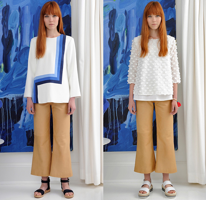 Lisa Perry 2016 Resort Cruise Pre-Spring Womens Lookbook Presentation - Pseudo Denim Look Mod 1960s Sixties Monochromatic Maxi A-Line Shift Dress Stripes Patchwork Cropped Wide Leg Trousers Palazzo Pants Sandals Knit Sweater Jumper Skirt Frock Cargo Pockets Pompoms Colorblock Metallic Geometric Outerwear Coat Turtleneck