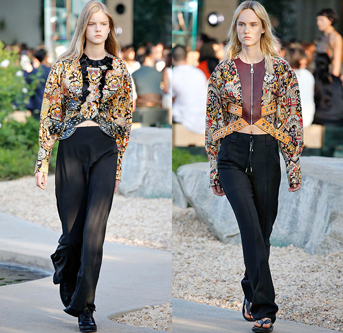 Louis Vuitton 2016 Resort Cruise Pre Spring Womens Runway Catwalk Looks Collection Nicolas Ghesquière - Bob and Dolores Hope Estate Palm Springs California - 1950s Fifties Flare Wide Leg Trousers Metallic Studs Harness Belt Strap Blouse Ruffles Ornamental Print Zipper Skirt Crop Top Paisley Chains Bomber Jacket Coat Denim Jeans Hotpants Shorts Suede Weave Sweater Jumper Knit Maxi Dress Stripes Laser Cut