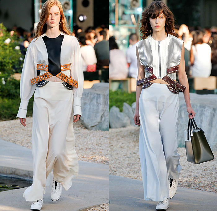 Louis Vuitton 2016 Resort Cruise Pre Spring Womens Runway Catwalk Looks Collection Nicolas Ghesquière - Bob and Dolores Hope Estate Palm Springs California - 1950s Fifties Flare Wide Leg Trousers Metallic Studs Harness Belt Strap Blouse Ruffles Ornamental Print Zipper Skirt Crop Top Paisley Chains Bomber Jacket Coat Denim Jeans Hotpants Shorts Suede Weave Sweater Jumper Knit Maxi Dress Stripes Laser Cut