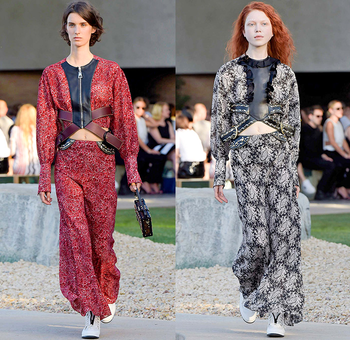 Louis Vuitton 2016 Resort Cruise Pre Spring Womens Runway Catwalk Looks Collection Nicolas Ghesquière - Bob and Dolores Hope Estate Palm Springs California - 1950s Fifties Flare Wide Leg Trousers Metallic Studs Harness Belt Strap Blouse Ruffles Ornamental Print Zipper Skirt Crop Top Paisley Chains Bomber Jacket Coat Denim Jeans Hotpants Shorts Suede Weave Sweater Jumper Knit Maxi Dress Stripes Laser Cut