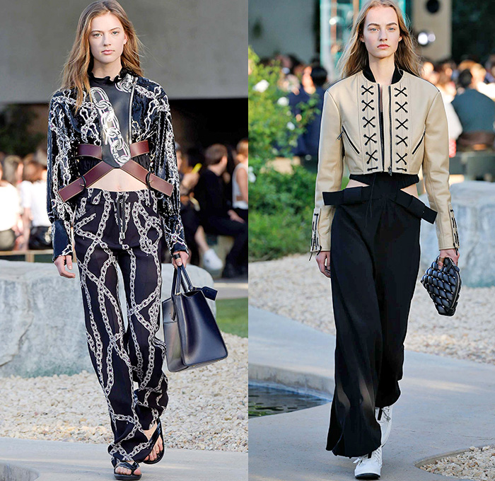 Louis Vuitton 2016 Resort Cruise Pre Spring Womens Runway Catwalk Looks Collection Nicolas Ghesquière - Bob and Dolores Hope Estate Palm Springs California - 1950s Fifties Flare Wide Leg Trousers Metallic Studs Harness Belt Strap Blouse Ruffles Ornamental Print Zipper Skirt Crop Top Paisley Chains Bomber Jacket Coat Denim Jeans Hotpants Shorts Suede Weave Sweater Jumper Knit Maxi Dress Stripes Laser Cut