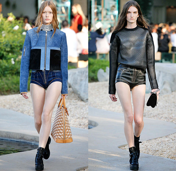 Louis Vuitton 2016 Resort Cruise Pre Spring Womens Runway Catwalk Looks Collection Nicolas Ghesquière - Bob and Dolores Hope Estate Palm Springs California - 1950s Fifties Flare Wide Leg Trousers Metallic Studs Harness Belt Strap Blouse Ruffles Ornamental Print Zipper Skirt Crop Top Paisley Chains Bomber Jacket Coat Denim Jeans Hotpants Shorts Suede Weave Sweater Jumper Knit Maxi Dress Stripes Laser Cut