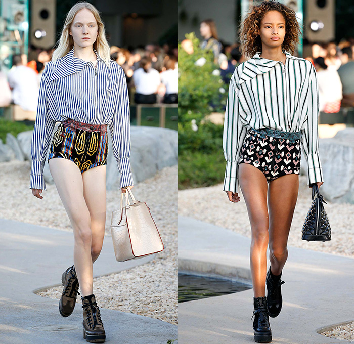 Louis Vuitton 2016 Resort Cruise Pre Spring Womens Runway Catwalk Looks Collection Nicolas Ghesquière - Bob and Dolores Hope Estate Palm Springs California - 1950s Fifties Flare Wide Leg Trousers Metallic Studs Harness Belt Strap Blouse Ruffles Ornamental Print Zipper Skirt Crop Top Paisley Chains Bomber Jacket Coat Denim Jeans Hotpants Shorts Suede Weave Sweater Jumper Knit Maxi Dress Stripes Laser Cut